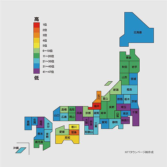 ＜図3＞業種分類「書店」の登録件数による偏差値の都道府県ランキング（2016年）